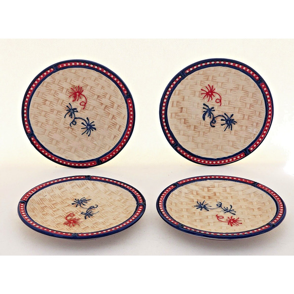 BREAD BUTTER PLATES-TEMPTATIONS-Floral Lace-Red Blue-Basket Weave Pattern-SET 4 - Picture 4 of 11